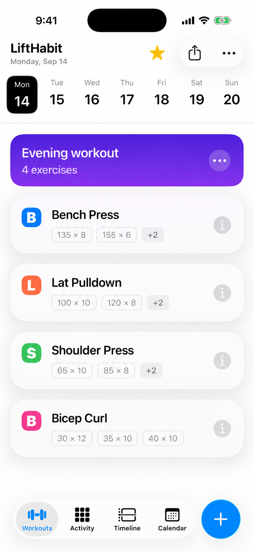 LiftHabit Evening workout screen showing four exercises with colorful icons